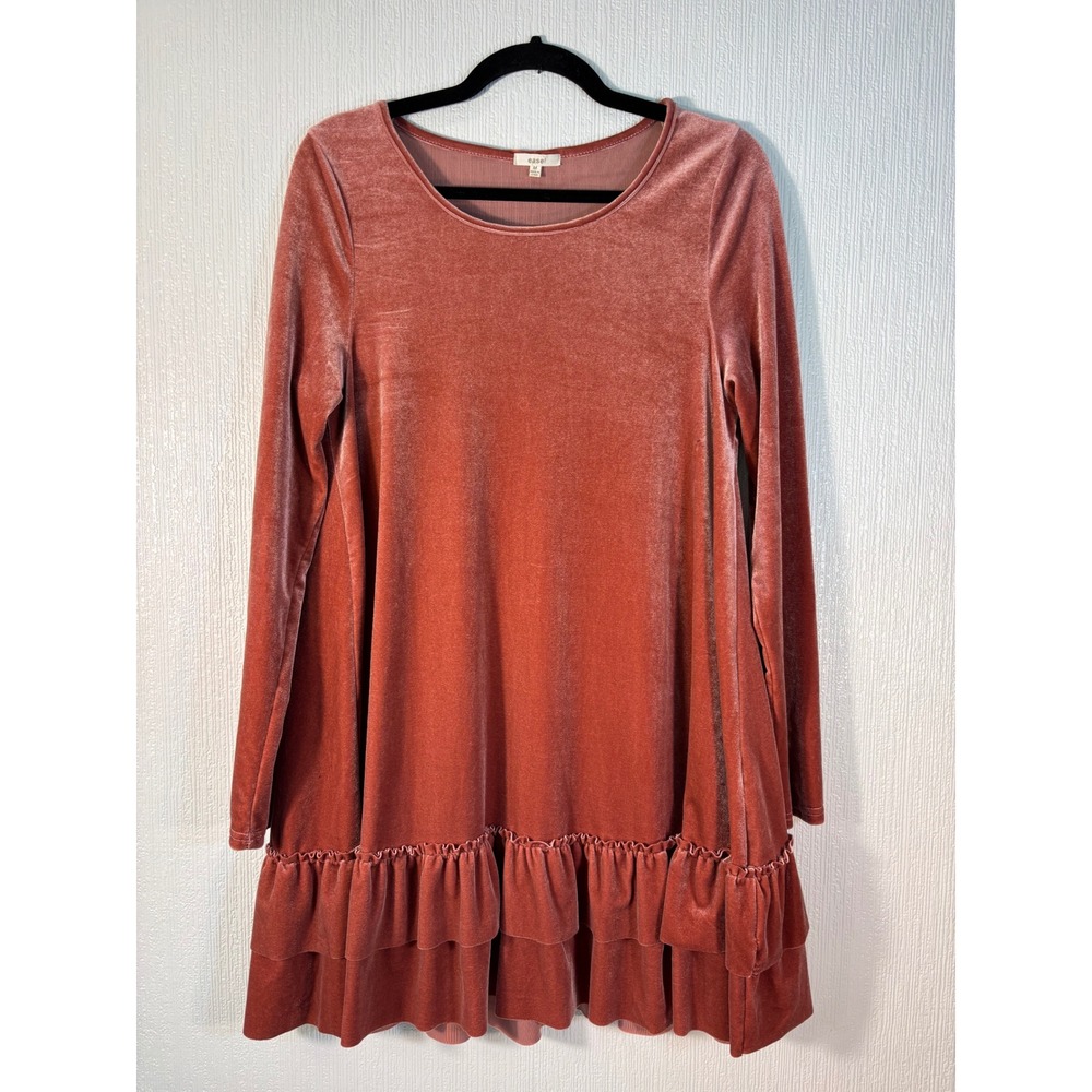 easel Pinkish-Orange Ruffled Bottom Shift Swing Dress Velour Sz M (slight flaw)
